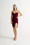 Keep It Up Burgundy Ruched Slit Bodycon Dress