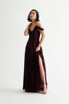 Nelli Burgundy Detachable Draped Sleeves Slit Maxi Dress