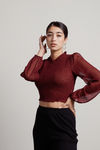 Talk The Talk Burgundy Chiffon Smocked Crop Top