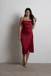 Maddy Satin Slit Midi Dress - Cabernet Red