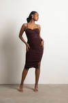 Up All Night Chocolate Brown Ruched Glitter Slit Midi Dress