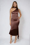 All Eyes Here One Shoulder Satin Midi Dress - Coffee