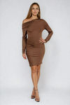 Soft Launch One Shoulder Long Sleeve Mini Dress - Coffee