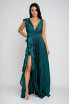 Celestial Glow Deep V Pleated Maxi Dress - Dark Green