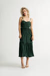 Keep Me Company Emerald Satin Pleated Tiered Midi Dress