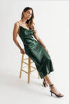 Listen To Me Emerald Satin Cowl Neck Adjustable Ruched Dress