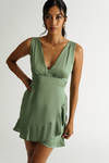 Gonna Outdo You Green Satin Ruffle Dress