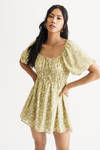 Jessicah Green Ruched Floral Skater Mini Dress