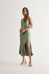 Kylah Green Satin Slit Slip Midi Dress