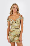 Hold On Green Tan Off Shoulder Ruched Bodycon Dress