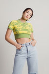 Cutie Field Green & Yellow Floral Striped Collared Knit Crop Top