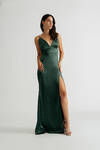 Lovestruck Hunter Green Satin Slit Twist Maxi Dress