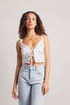 Knew Better Ivory Floral Front Tie Eyelet Crop Tank Top