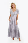 Jillian Lavender Cinched Ruffle Detail Floral Print Maxi Dress 