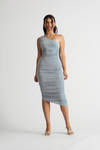 Breanna Light Blue One Shoulder Ruched Bodycon Midi Dress