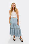 Solenn Light Blue Tiered Long Skirt with Lace Trim