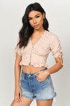 Mimo Light Pink Ruched Sleeve Button Front Crop Top