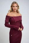 Femme Allure Buttoned Off Shoulder Midi Dress - Maroon
