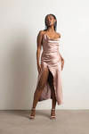 Always Yours Mauve Satin Cowl Neck Slit Midi Dress