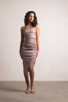 Blush Away Mocha Satin Asymmetrical Backless Midi Dress