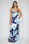 Soft Bloom Floral Satin Maxi Dress - Navy Blue