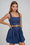 Casual Grace Belted Skater Mini Dress - Navy