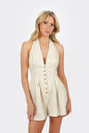 Adelina Oatmeal Button Front Halter Romper