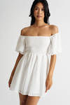 Aina Off White Off Shoulder Smocked Puff Sleeve Skater Dress