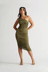 Breanna Olive One Shoulder Ruched Bodycon Midi Dress