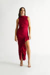 Lavin Red Shirred Asymmetrical Slit Bodycon Dress