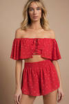 Whitney Red Multi Front Lace Up Crop Top