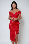 Oh So Extra Off Shoulder Sequin Midi Dress - Red