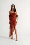 Angelina Rust Mesh Off Shoulder Asymmetrical Midi Dress