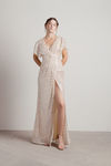 Dreaming of You Tonight Silver Beige Slit Sequin Maxi Dress