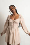 Float Away Taupe Lace Up Babydoll Mini Dress