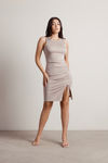Golden Age Taupe Ribbed Ruched Slit Bodycon Dress