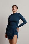 Mary Anne Teal Ribbed Mock Neck Slit Bodycon Dress