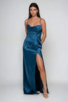 Siren Song Teal Satin Corset Bustier Slit Maxi Dress
