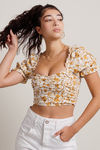 Falling Petals White Multi Ruched Floral Puff Sleeve Crop Top