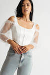 Wasted Love White Satin Corset Sheer Sleeves Top