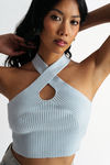 Polly Baby Blue Knit Halter Keyhole Crop Top