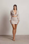 Brooke Beige Two Piece Satin Crop Shirt And Skirt Set