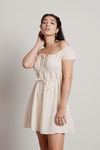 Pretty Little Things Beige Ruched Linen Babydoll Dress