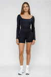 Fit Mood Long Sleeve Square Neck Romper - Black