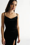 Mattie Black Velvet Cowl Neck Slit Midi Bodycon Dress