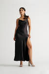 Our Moment Black Cowl Neck Satin Slit Maxi Dress