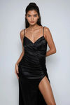 Radiant Allure Satin Ruched Maxi Dress - Black