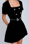 Royal Bloom Belted Velvet Mini Dress - Black
