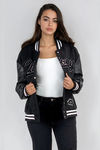 Signature Edge Snap Button Embroidery Varsity Jacket - Black