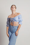 Baby Girl Blue-Black Floral Colorblock Puff Sleeve Ruched Crop Top